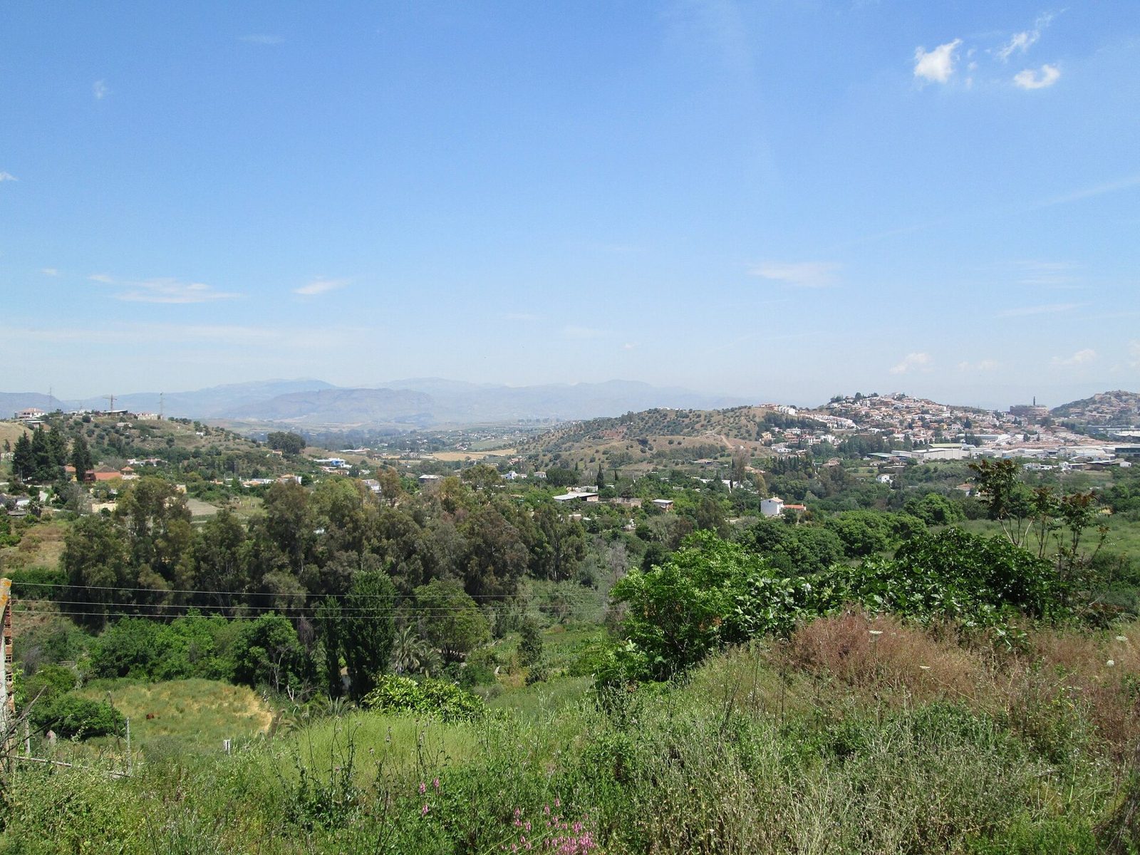 Vale verde com pomares e uma cidade branca ao fundo